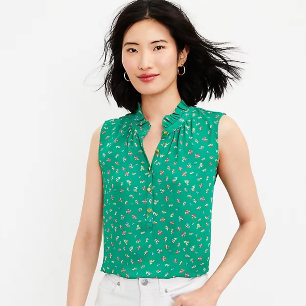 Loft Green Floral Ruffled Collar Sleeveless XS
